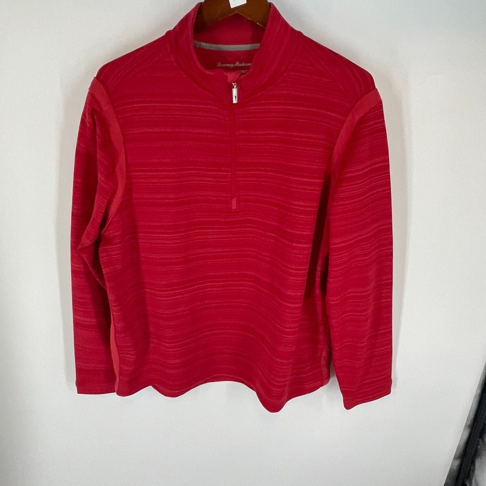 Tommy Bahama Islandzone Red Striped Mock Neck 1/4 Zip Pullover Sweater Mens M